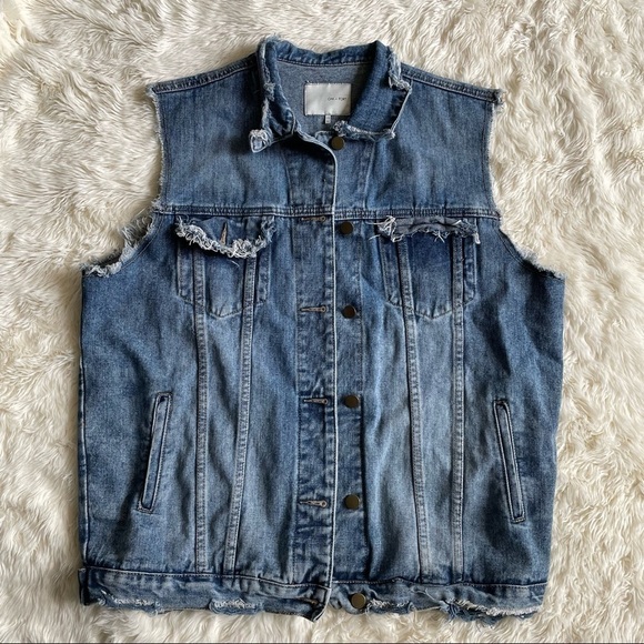 Oak + Fort Vest Denim Jean Oversized Distressed One Size OS - Picture 2 of 10